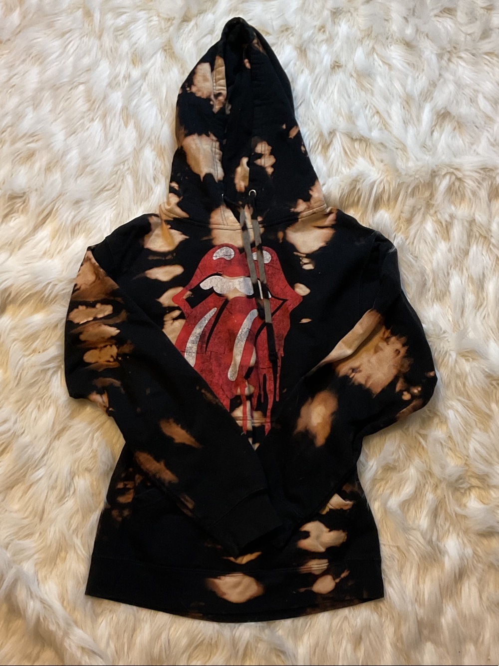 the Rolling Stones Black Bleach-Effect Hoodie with Red Tongue Graphic